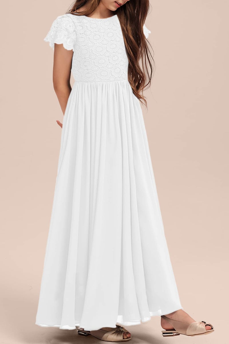 HOSIKA Girls White Dress Flower Lace Chiffon Flutter Sleeves A-Line Maxi Wedding First Communion Dresses for 12-13 Years - Image 5
