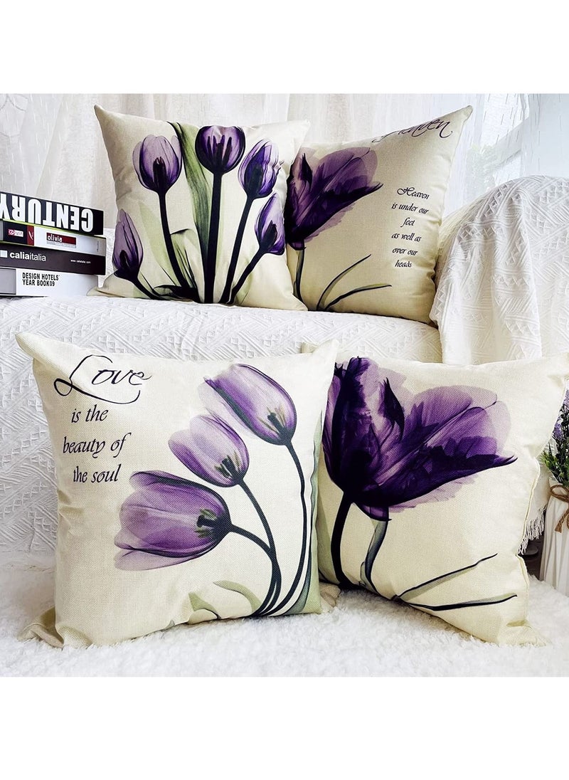 KASTWAVE Cushion Covers Throw Pillow Covers Set of 4, Purple Flower Pattern for Home Sofa Art Living Room Outside Office Decorative with Durable Thick Linen Square 18 x18 inch 45x45cm  - Image 4