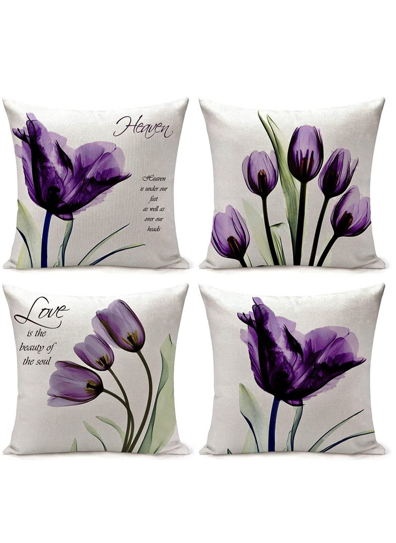 KASTWAVE Cushion Covers Throw Pillow Covers Set of 4, Purple Flower Pattern for Home Sofa Art Living Room Outside Office Decorative with Durable Thick Linen Square 18 x18 inch 45x45cm  - Image 1