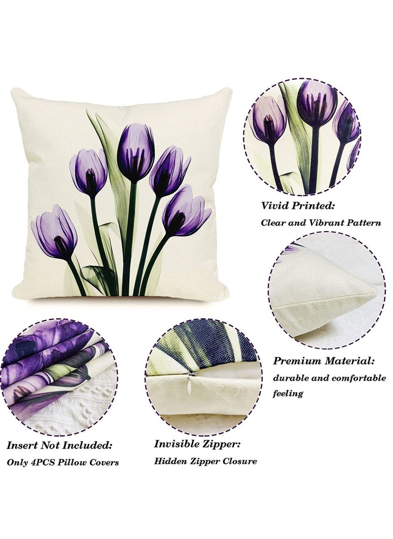 KASTWAVE Cushion Covers Throw Pillow Covers Set of 4, Purple Flower Pattern for Home Sofa Art Living Room Outside Office Decorative with Durable Thick Linen Square 18 x18 inch 45x45cm  - Image 2