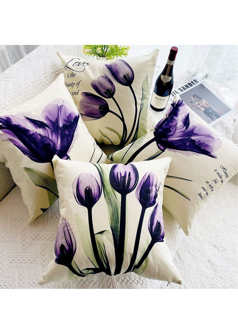 KASTWAVE Cushion Covers Throw Pillow Covers Set of 4, Purple Flower Pattern for Home Sofa Art Living Room Outside Office Decorative with Durable Thick Linen Square 18 x18 inch 45x45cm  - Image 3