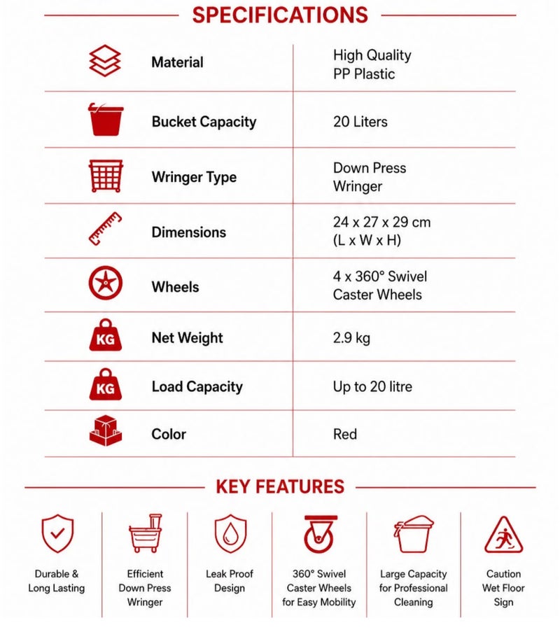 AURA Mop Bucket with Wringer 20L | Heavy Duty Cleaning Trolley with 360° Swivel Wheels | Leak-Proof Mop Bucket for Hotels, Offices, Restaurants & Home Use - Image 2