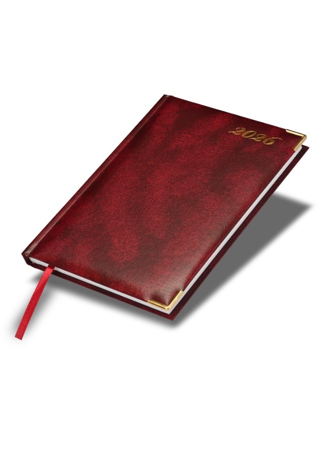 FIS مفكرة 2026، حجم A5 (148x210 مم)، غلاف صلب من مواد الفينيل، مبطنة من جهة واحدة، زوايا ذهبية، السبت والأحد مجتمعة، إنجليزي، ورق أبيض 60 جرام، لون مارون - FSDI92E26MR - Image 1