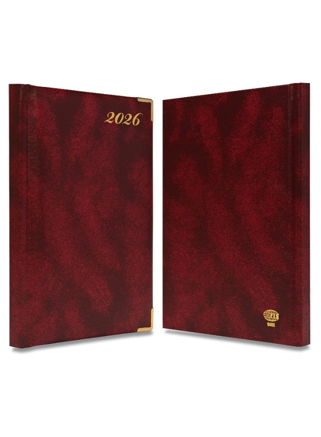 FIS مفكرة 2026، حجم A5 (148x210 مم)، غلاف صلب من مواد الفينيل، مبطنة من جهة واحدة، زوايا ذهبية، السبت والأحد مجتمعة، إنجليزي، ورق أبيض 60 جرام، لون مارون - FSDI92E26MR - Image 2