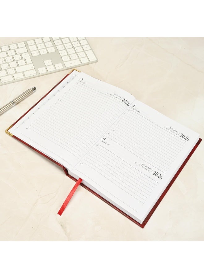 FIS مفكرة 2026، حجم A5 (148x210 مم)، غلاف صلب من مواد الفينيل، مبطنة من جهة واحدة، زوايا ذهبية، السبت والأحد مجتمعة، إنجليزي، ورق أبيض 60 جرام، لون مارون - FSDI92E26MR - Image 3