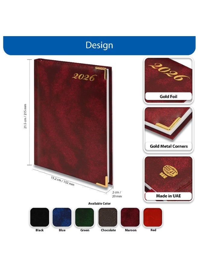 FIS مفكرة 2026، حجم A5 (148x210 مم)، غلاف صلب من مواد الفينيل، مبطنة من جهة واحدة، زوايا ذهبية، السبت والأحد مجتمعة، إنجليزي، ورق أبيض 60 جرام، لون مارون - FSDI92E26MR - Image 4