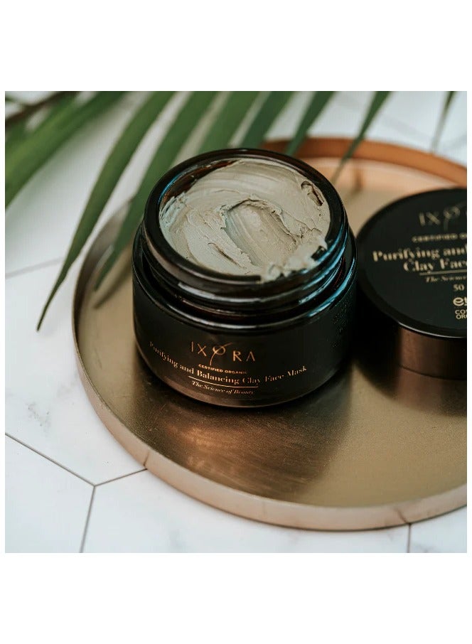 IXORA Certified Organic Purifying Clay Face Mask - Green clay with Tea Tree Essential Oil, Kaolinite & Aloe Vera for Blackheads and Pores - suitable for all skin types - 50ml - Image 1