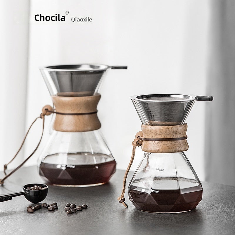 وعاء مشاركة القهوة من Choxila بمقبض خشبي - وعاء تقطير زجاجي مع مصفاة فولاذية - Image 1