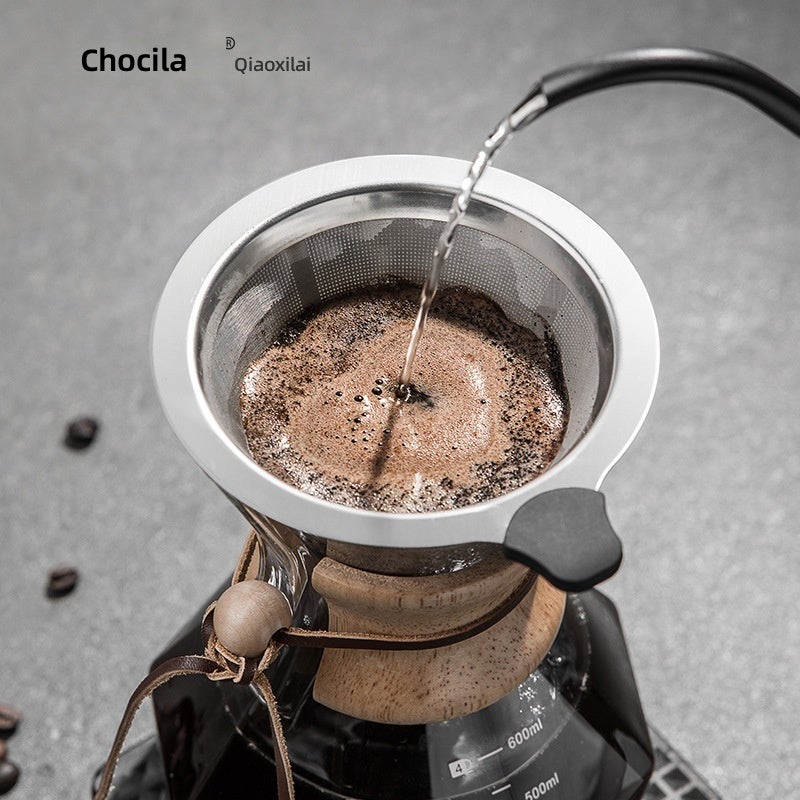 وعاء مشاركة القهوة من Choxila بمقبض خشبي - وعاء تقطير زجاجي مع مصفاة فولاذية - Image 2