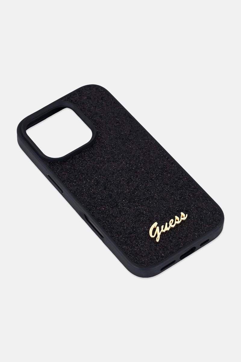 GUESS iPhone 16 Pro Brand Logo Glitter Hard Phone Case, Black - Image 1