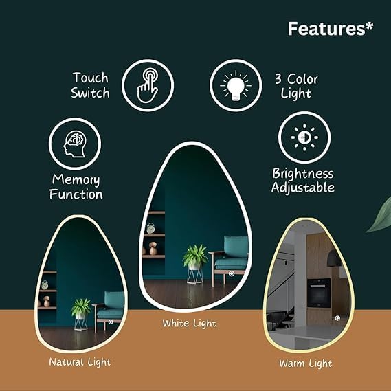 Quality Glass LED Wall Mirror with Touch Sensor, and Adjustable Light Colors for Modern Bathrooms Stylish Irregular LED 403 (12 x 18 Inch) - Image 4