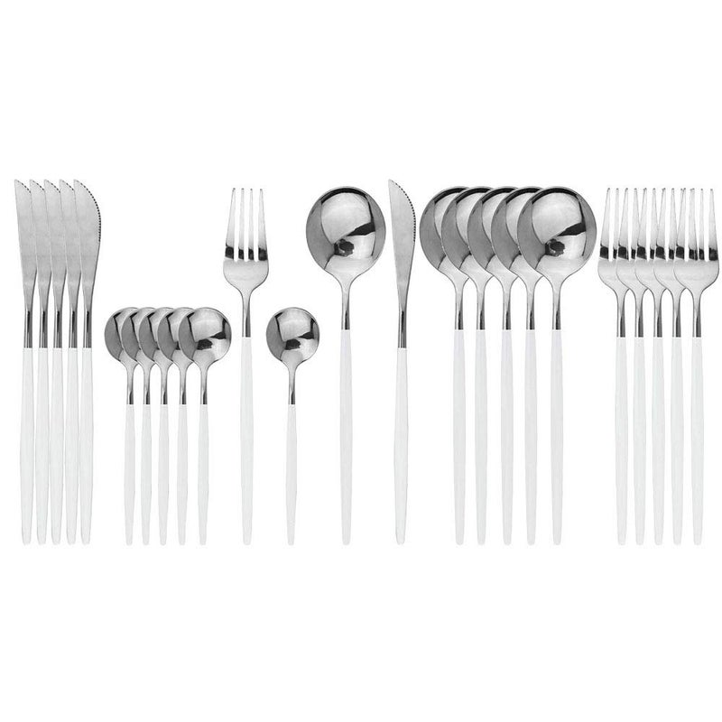 JASHII Flatware Serving Set 24 Piece Stainless Steel Silverware Set White Silver Cutlery Set Modern Elegant Tableware Set for Party Christmas Dinner White Silver