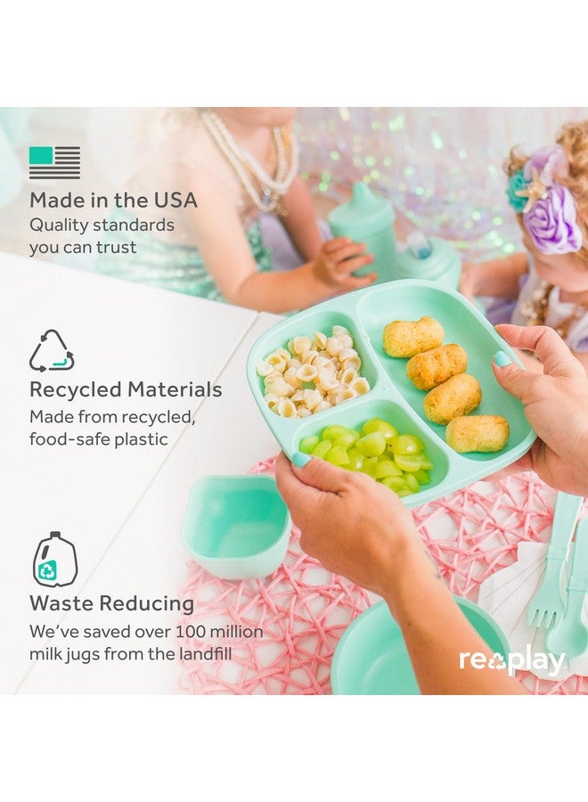 Re-Play Toddler Plates with Dividers - Deep-Walled 3 Compartments Divided Plates for Kids - Dishwasher & Microwave Safe - Made in USA - Set of 4-7.37" x 7.37" x 1.25" - Denim - Image 1