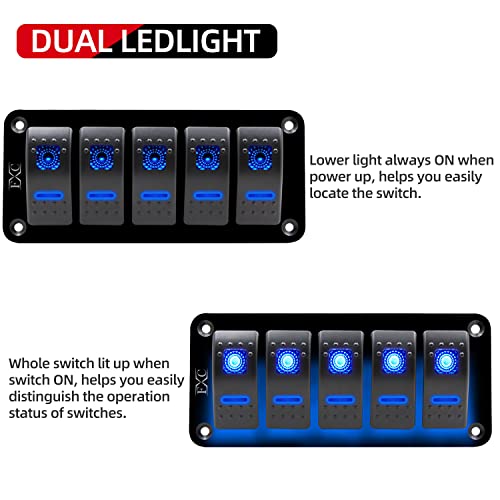 FXC Rocker Switch Aluminum Panel 5 Gang Toggle Switches Dash 5 Pin ON/Off 2 LED Backlit for Boat Car Marine Blue - Image 2