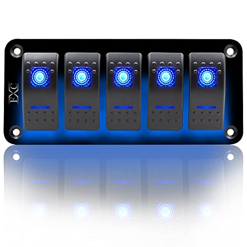 FXC Rocker Switch Aluminum Panel 5 Gang Toggle Switches Dash 5 Pin ON/Off 2 LED Backlit for Boat Car Marine Blue - Image 1