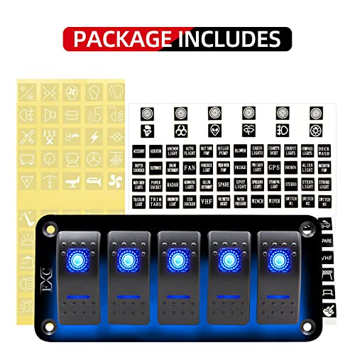 FXC Rocker Switch Aluminum Panel 5 Gang Toggle Switches Dash 5 Pin ON/Off 2 LED Backlit for Boat Car Marine Blue - Image 3