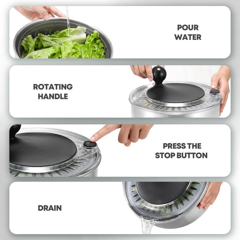 SveBake 5.3Qt Stainless Steel Salad Spinner with Stop Button, BPA-Free Vegetable Lettuce Spinner, Transparent Lid & Drainage Hole, Non-Slip Base, Dishwasher Safe Fruit Washer - Image 5