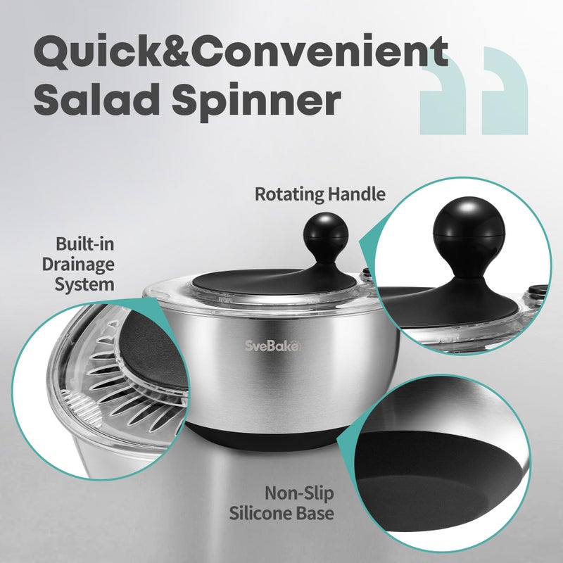 SveBake 5.3Qt Stainless Steel Salad Spinner with Stop Button, BPA-Free Vegetable Lettuce Spinner, Transparent Lid & Drainage Hole, Non-Slip Base, Dishwasher Safe Fruit Washer - Image 3