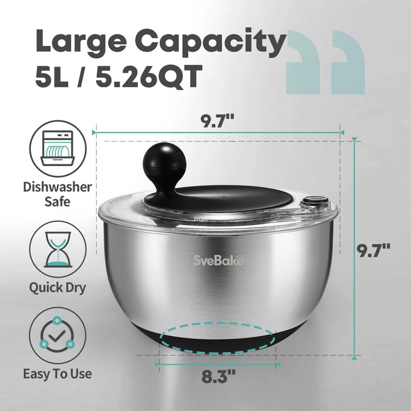 SveBake 5.3Qt Stainless Steel Salad Spinner with Stop Button, BPA-Free Vegetable Lettuce Spinner, Transparent Lid & Drainage Hole, Non-Slip Base, Dishwasher Safe Fruit Washer - Image 2