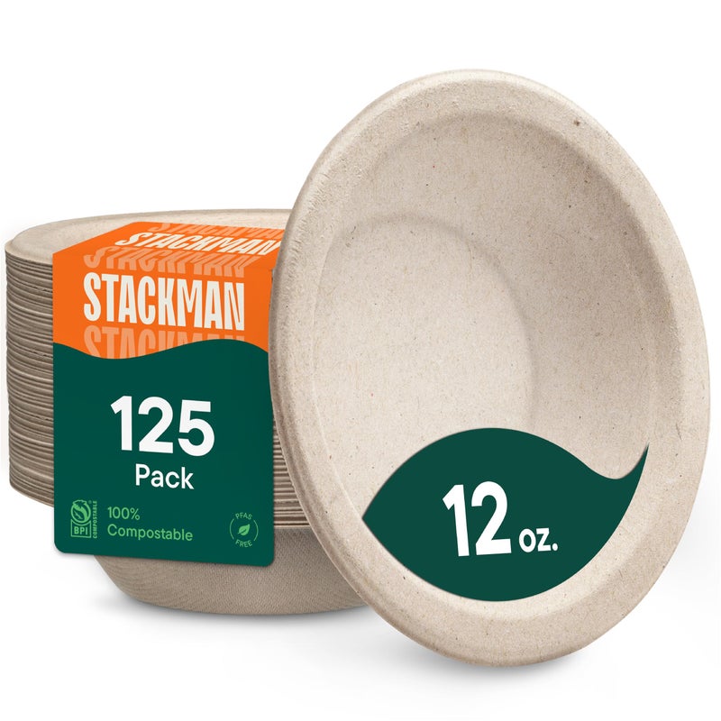 Stack Man Paper Bowls 100 Compostable Disposable Soup Bowl 125Pack 12 oz Heavy Duty EcoFriendly Biodegradable Bagasse Hot Food Plates and Bowls Natural Brown BPI Certified PFASFree