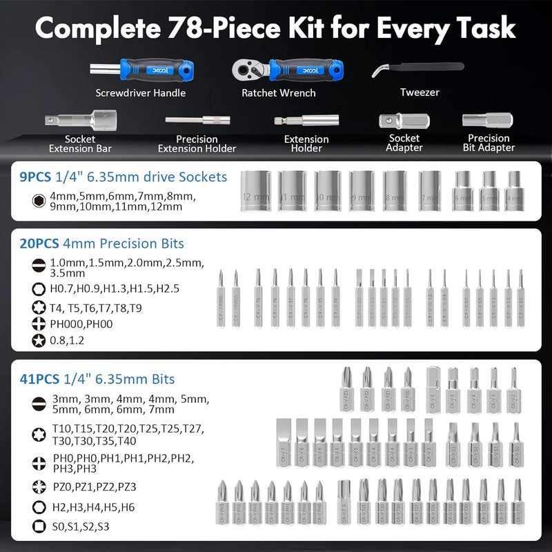 XOOL 78PCS Ratchet Screwdriver Set, Multi-Functional Precision Repair Tool Kit with 41PCS Bits, Precision Bits, 1/4" Sockets, Magnetic Tools for Electronics, Home Repair, DIY Toolbox - Image 3