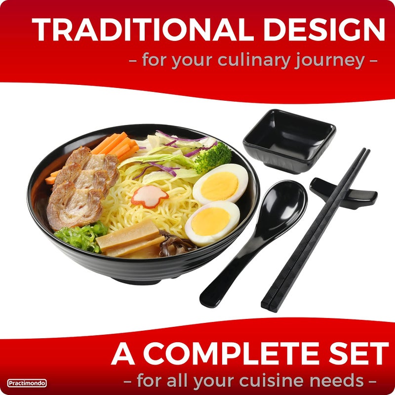 Practimondo Practimondo 4 Noodle Bowls Set - large 32oz Ramen Bowl Set for authentic Asian Cuisine - with Dipping Bowls  Spoons  Chopsticks & Chopstick Stands. Enjoy Thai Miso Udon Wonton (4 Bowl Set  Black)  - Image 4