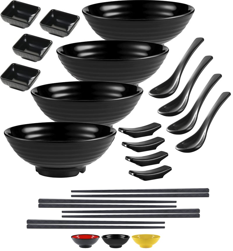 Practimondo Practimondo 4 Noodle Bowls Set - large 32oz Ramen Bowl Set for authentic Asian Cuisine - with Dipping Bowls  Spoons  Chopsticks & Chopstick Stands. Enjoy Thai Miso Udon Wonton (4 Bowl Set  Black)  - Image 1