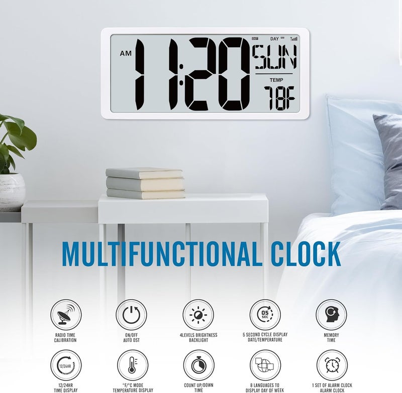 TXL 18.44" Large Amotic Digital Wall Clock with Backlight, Battery Operated Alarm Clock with Day, Date & Temperature, Jumbo Display Digital Count Up Down Timer Clock for Hoom,Classroom Room,Office - Image 3