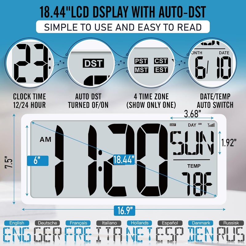 TXL 18.44" Large Amotic Digital Wall Clock with Backlight, Battery Operated Alarm Clock with Day, Date & Temperature, Jumbo Display Digital Count Up Down Timer Clock for Hoom,Classroom Room,Office - Image 2