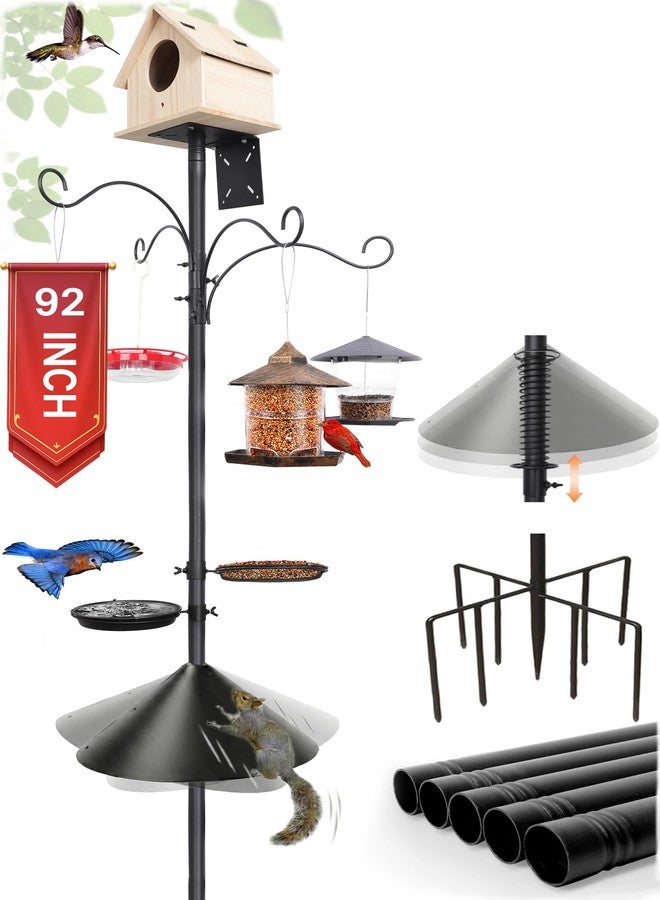 eWonLife 92 Inch Bird Feeder Pole with Squirrel Baffle & Upgraded 9-Prong Base, Adjustable Bird House Pole for Outdoors Heavy Duty, Bird Feeder Stand Post Station with 4 Shepherd Hooks, Birdbath, Tray - Image 1