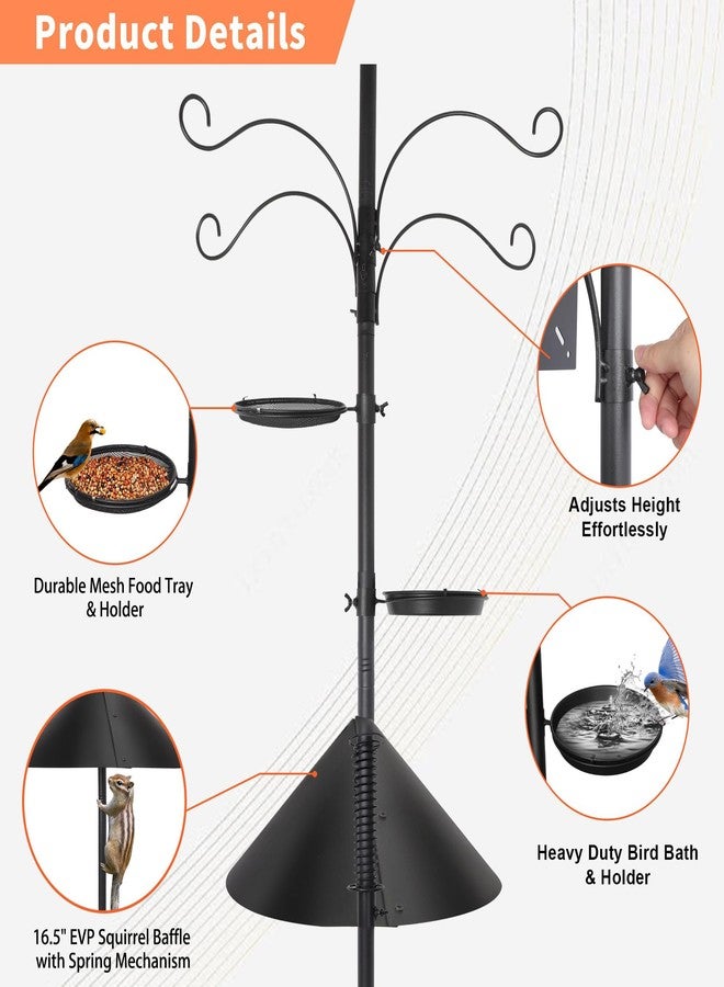 eWonLife 92 Inch Bird Feeder Pole with Squirrel Baffle & Upgraded 9-Prong Base, Adjustable Bird House Pole for Outdoors Heavy Duty, Bird Feeder Stand Post Station with 4 Shepherd Hooks, Birdbath, Tray - Image 4