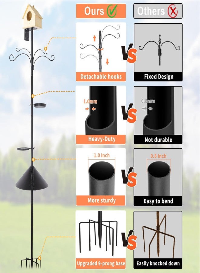 eWonLife 92 Inch Bird Feeder Pole with Squirrel Baffle & Upgraded 9-Prong Base, Adjustable Bird House Pole for Outdoors Heavy Duty, Bird Feeder Stand Post Station with 4 Shepherd Hooks, Birdbath, Tray - Image 3