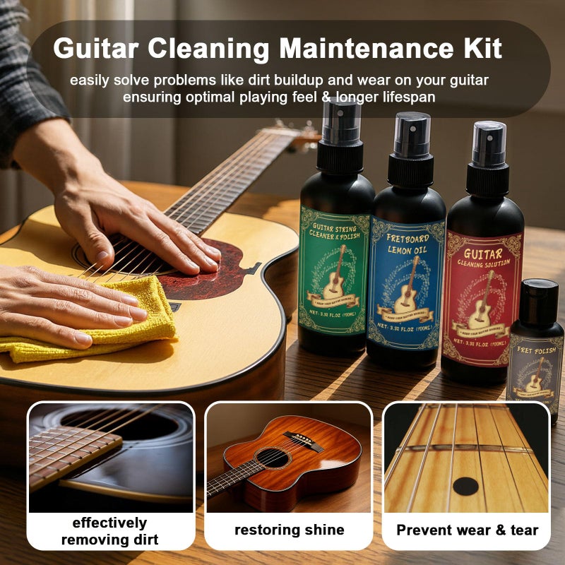 1DFAUL 9pcs Guitar Cleaning Maintenance Kit with Guitar Cleaner, Polish, Fretboard Oil, String Oil, for All Guitar Types, Ideal for Beginners, Players, and Collectors - Image 2
