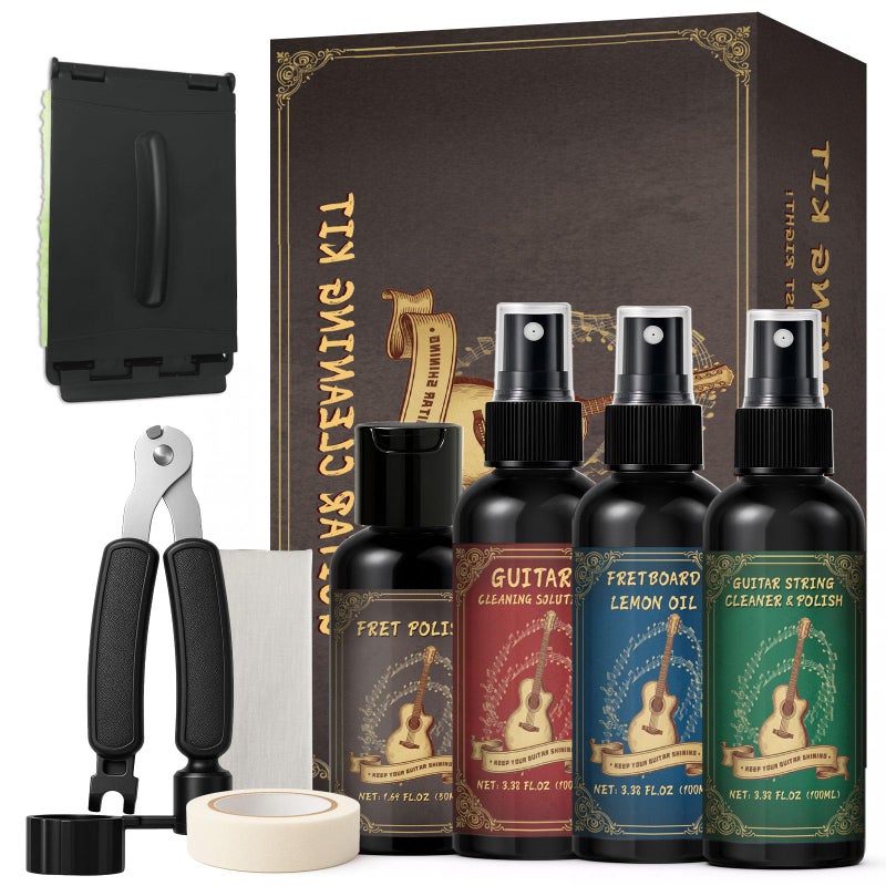 1DFAUL 9pcs Guitar Cleaning Maintenance Kit with Guitar Cleaner, Polish, Fretboard Oil, String Oil, for All Guitar Types, Ideal for Beginners, Players, and Collectors - Image 1