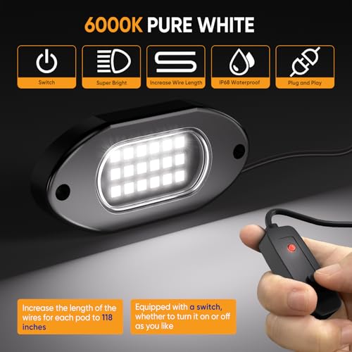 Honalia White LED Rock Lights Kits 8 Pods, 6000K Pure White Rock Lights with Switch - Image 2