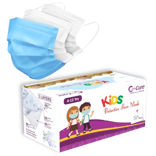 C-Cure Kids Disposable Face Mask, 3 Ply Non Woven Mask With Meltblown Layer & Nose Clip, Breathable Ear Loop Mask For Boys And Girls Aged 4–12 Years (Blue, Pack of 50) - Image 1