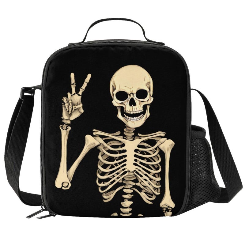 PrelerDIY Funny Skull Lunch Bag Tote Lunch Box Food Bag for Boys Girls with Zipper Side Pocket Shoulder Strap