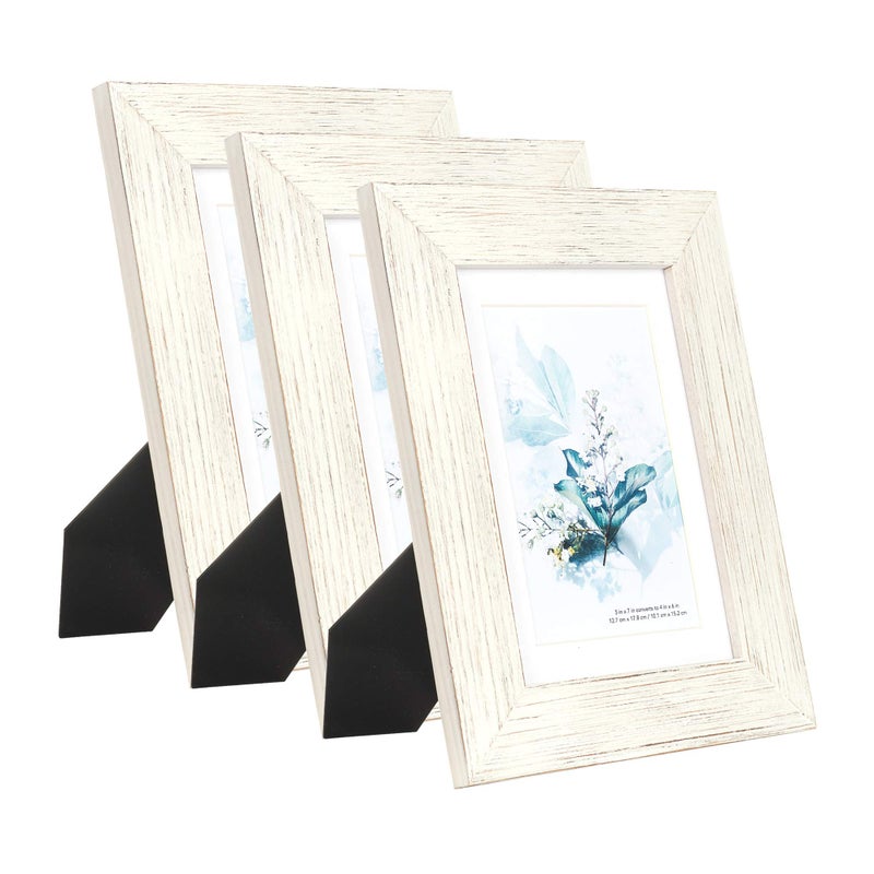 KAIWIN 100 Solid Wood White 5x7 Picture Frame 3 Pack  Display Picture 4x6 with Mat HD Glass Inside Rustic Wooden Photo Frames for Table Top and Wall Mounting