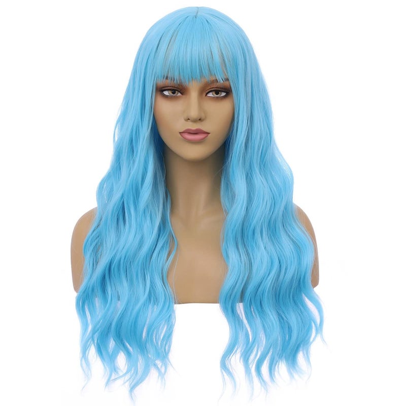 BERON 26 Inches Blue Wig Long Curly Blue Wig with Bangs Sky Blue Wigs for Women Daily Party Hairnet Include
