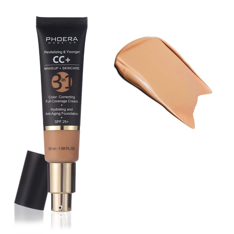 PHOERA AntiAging Color Correcting Full Coverage Cream Foundation SPF 25 Revitalizing  Younger infused Concealer with Vitamins For dark circles acne scars wrinkles  redness 140 Buff Beige