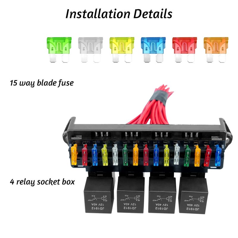 Generic GMURA 12V Fuse Relay Box, 4 Relay Slots and 15 ATC/ATO Fuse Holder, with 4-pin JD1912 40A Relay and 15 ATC/ATO Blade Fuses, Relay Fuse Block for Automotive Car Truck Marine Boat  - Image 2