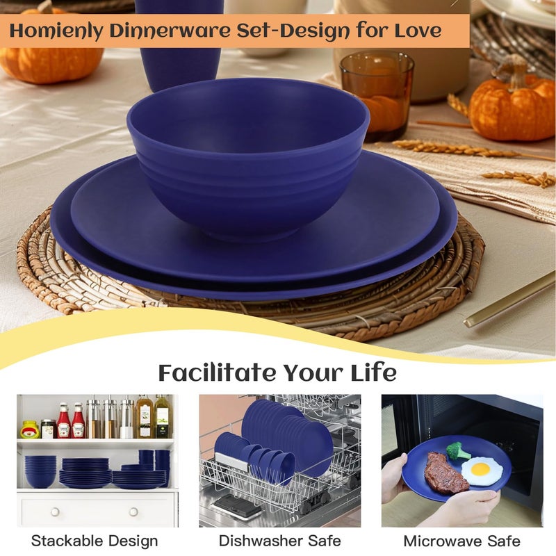 Homienly 40 Pcs Wheat Straw Dinnerware Sets, Dinner Plates, Cups, Pasta Bowls, Dishes Set For 8, Microwave Safe Plates and Bowls Sets, Blue - Image 5