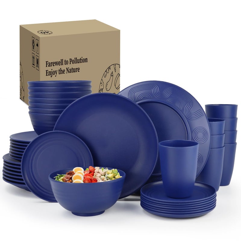 Homienly 40 Pcs Wheat Straw Dinnerware Sets, Dinner Plates, Cups, Pasta Bowls, Dishes Set For 8, Microwave Safe Plates and Bowls Sets, Blue - Image 1