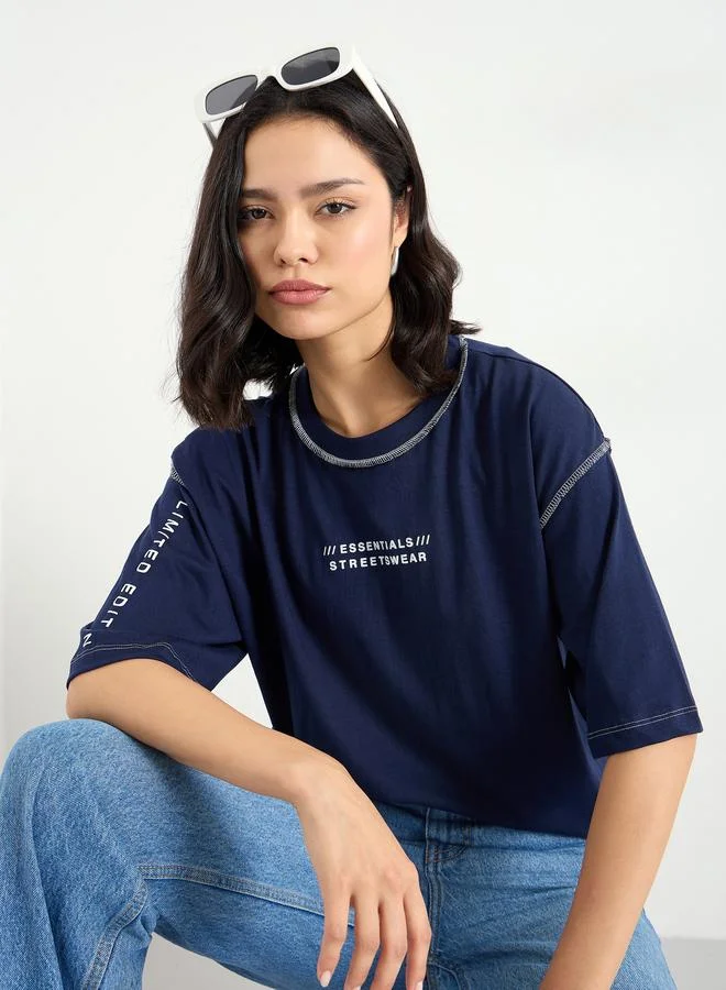Styli Styli Oversized Overlock Seam Detail Printed T-Shirt
