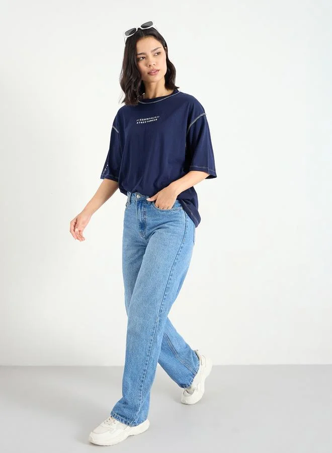 Styli Styli Oversized Overlock Seam Detail Printed T-Shirt