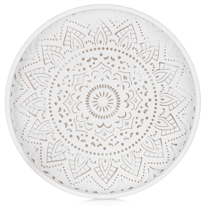 Hanobe Round Decorative Coffee Tray Rustic White Table Boho Decor Farmhouse Centerpiece Wood Circle Serving Trays for Kitchen Counter Ottoman