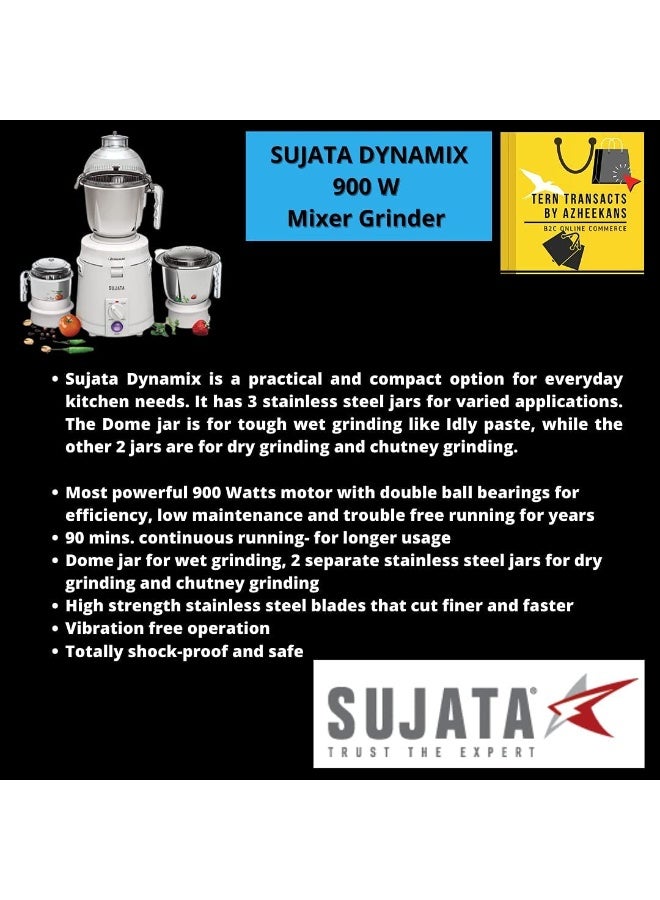 Sujata Dynamix Mixer Grinder|900 Watts Double Ball Bearing Motor|22000 RPM|Non-Stop 90 Mins Running|3 Food Grade Steel Jars including 1500ml Multipurpose, 1000ml Grinder, 500ml Chutney Jar (White) - Image 3