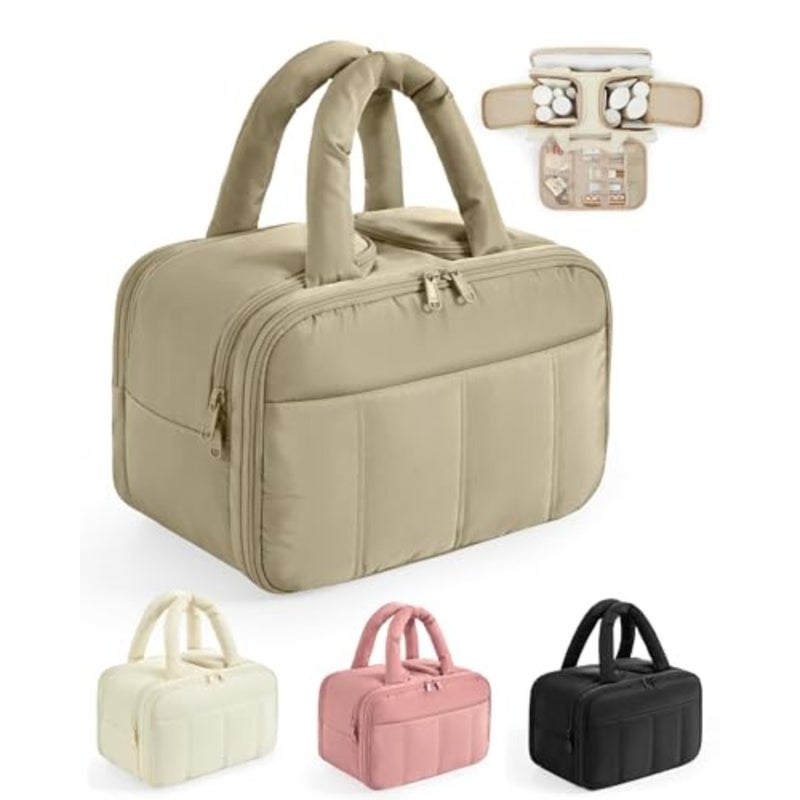 Travel Toiletry Bag for Women Large Capacity Puffy Design in Navy Blue, Water-Resistant Nylon with Wide Opening and Multi-Compartment Organization for Cosmetics, Skincare, Accessories Toiletries - Image 1