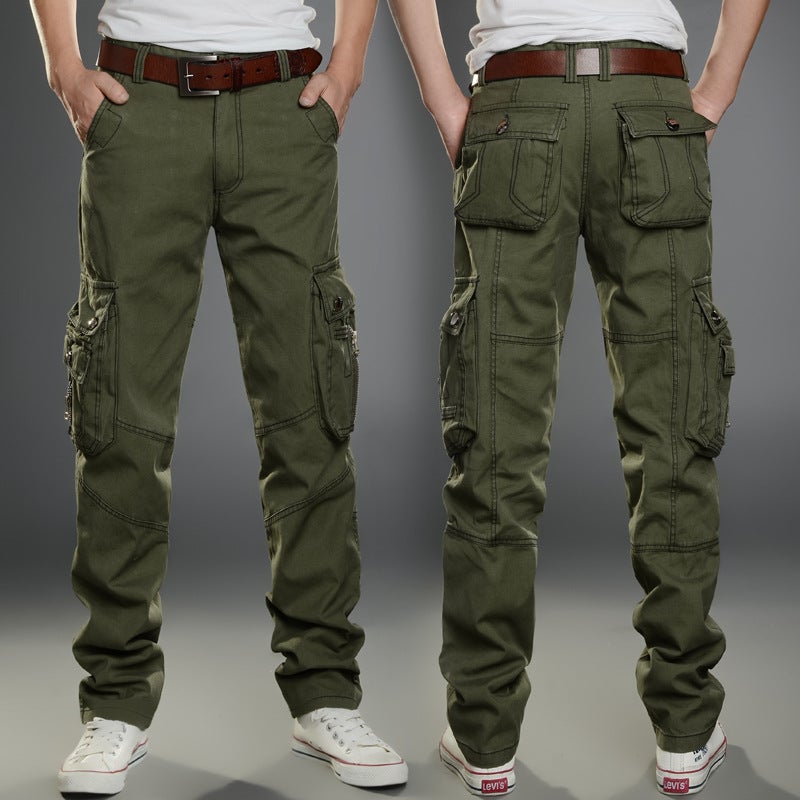 Cotton Mens Cargo Pants Loose Multi-Pocket Durable Work Trousers Green  - Image 1