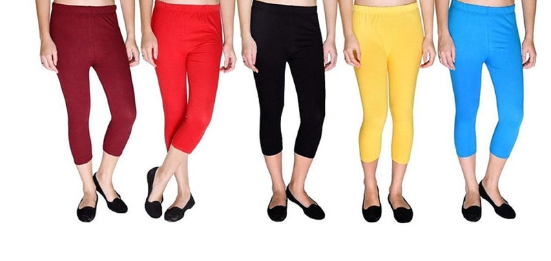 FEELBLUE Premium Cotton Strechable Women's Casual/Gym/Sports 3/4th Capri (Free Size) Combo Pack of 5 (MaroonRedBlckYelowFirozi) - Image 1